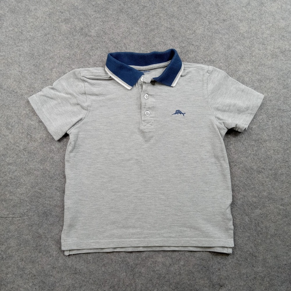 Tommy Bahama Polo Shirt Boys 8 Gray Navy Collar Dolphin Logo Short Sleeve